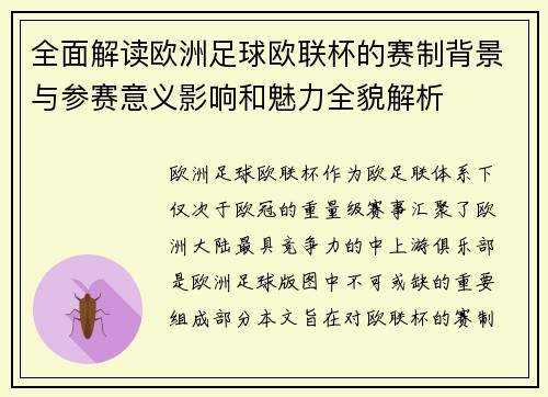 全面解读欧洲足球欧联杯的赛制背景与参赛意义影响和魅力全貌解析
